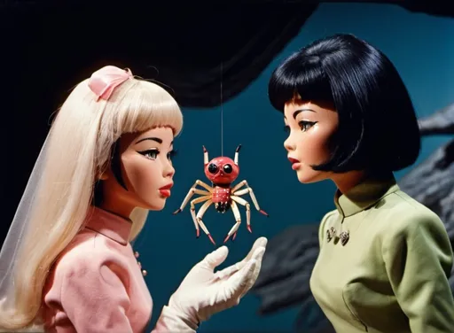 Prompt: THUNDERBIRDS-STYLE PUPPETS. Grainy, gritty, analogue, colour  image of a romantic, enigmatic scene from the 1960s Japanese colour tv show, "Hana and Maria" about Thunderbirds-style puppets, a pretty young lady falls in love with a jumping spider from outerspace, the characters are dressed in futuristic fashion. This is a scene where the truth is threatening to reveal itself and the characters are extremely concerned.