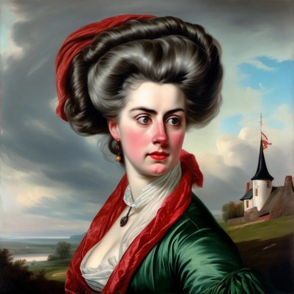 Prompt: Rococo era portrait of a woman, beautiful, perfect eyes, high detail, oval symetrical face, furious expression, head posed to left, updo hair with long curling strands of hair on neck, oil painting, wearing a rococo era dress, with a scottish, red, green and black, long plaid shawl, her hair, the bottom of skirt and shawl blowing in breeze, falling snow swirling around her, standing in a muddy street with white washed Scottish cottages in background, blue and white.