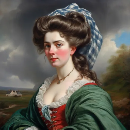 Prompt: Rococo era portrait of a woman, beautiful, perfect eyes, high detail, oval symetrical face, updo hair with long curling strands of hair on neck, oil painting, wearing a rococo era dress, with a scottish, red, green and black, long plaid shawl, her hair, the bottom of skirt and shawl blowing in breeze, falling snow swirling around her, standing in a muddy street with white washed Scottish cottages in background, blue and white.