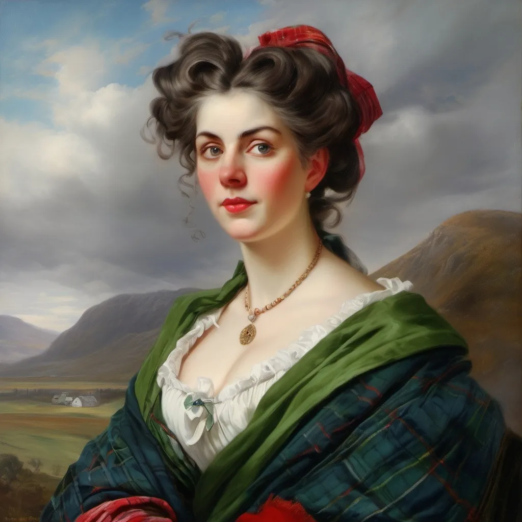 Prompt: Rococo era portrait of a woman, beautiful, perfect eyes, high detail, oval symetrical face, updo hair with long curling strands of hair on neck, oil painting, wearing a rococo era dress, with a scottish, red, green and black, long plaid shawl, her hair, the bottom of skirt and shawl blowing in breeze, falling snow swirling around her, standing in a muddy street with white washed Scottish cottages in background, blue and white.