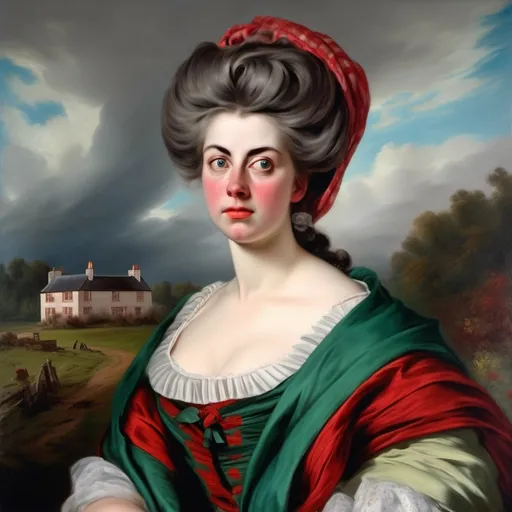 Prompt: Rococo era portrait of a woman, beautiful, perfect eyes, high detail, oval symetrical face, furious expression, head posed to left, updo hair with long curling strands of hair on neck, oil painting, wearing a rococo era dress, with a scottish, red, green and black, long plaid shawl, her hair, the bottom of skirt and shawl blowing in breeze, falling snow swirling around her, standing in a muddy street with white washed Scottish cottages in background, blue and white.