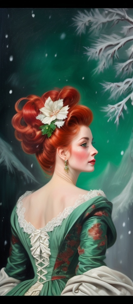 Prompt: Rococo era portrait of a woman, oil painting, red hair, updo hair with long curling hair strands, blowing in wind, wearing a rococo dress wrapped in scottish, red, green and black shawl, with willing falling snow