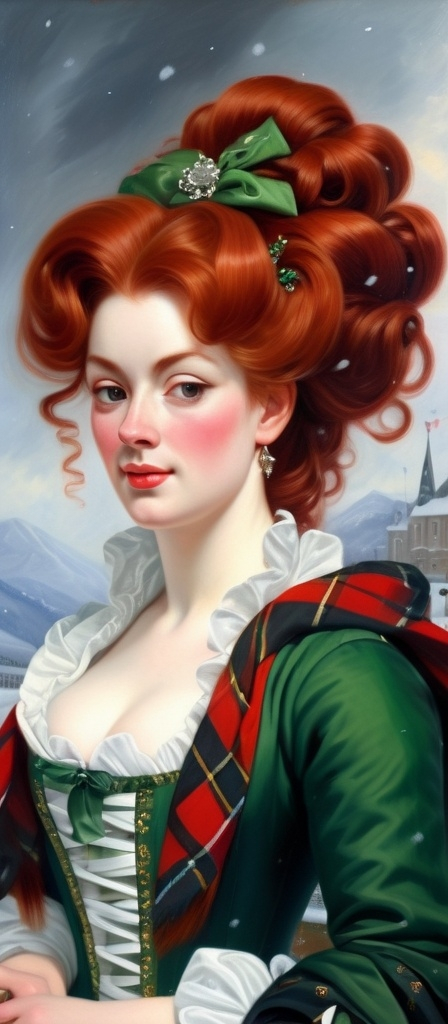 Prompt: Rococo era portrait of a woman, oil painting, red hair, updo hair with long curling hair strands, blowing in wind, wearing a rococo dress wrapped in scottish, red, green and black shawl, with willing falling snow