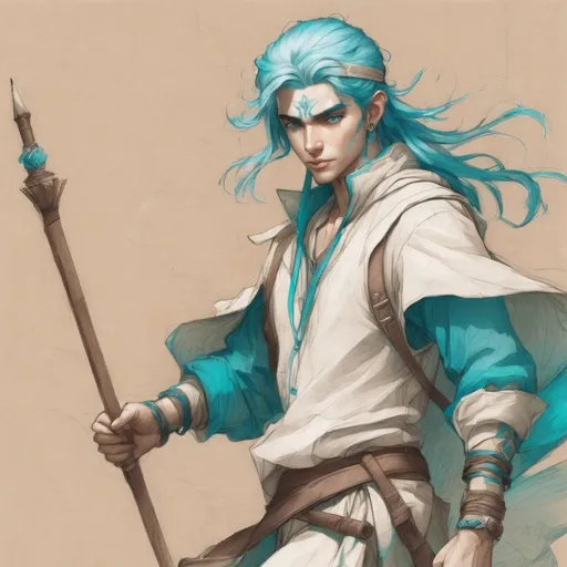 Prompt: (pencil sketch), 24-year-old male air genasi, (blue skin), (teal eyes), (turquoise hair), dressed in (common white and brown traveler’s outfit), wielding a (quarterstaff), textured details, light brown paper background, subtly atmospheric warmth, skilled craftsmanship showcasing intricate pencil details, emphasis on dynamic character expression and movement.