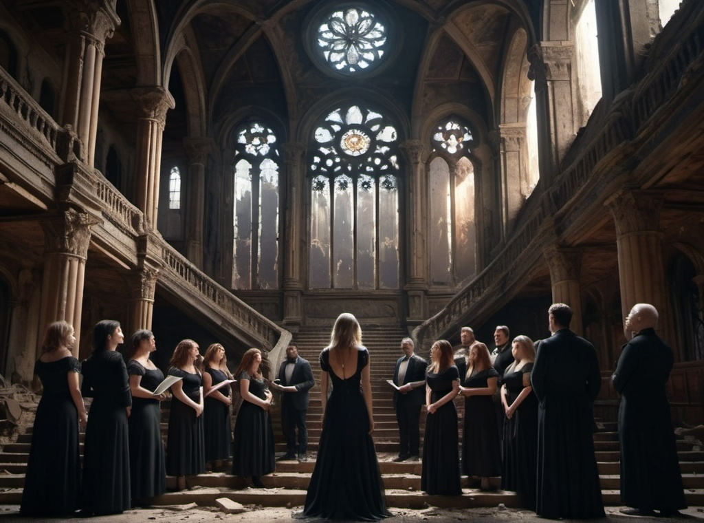 Prompt:  A mixed choir of men and women wearing black western formals singing in the large hall of a ruined palace with a staircase 