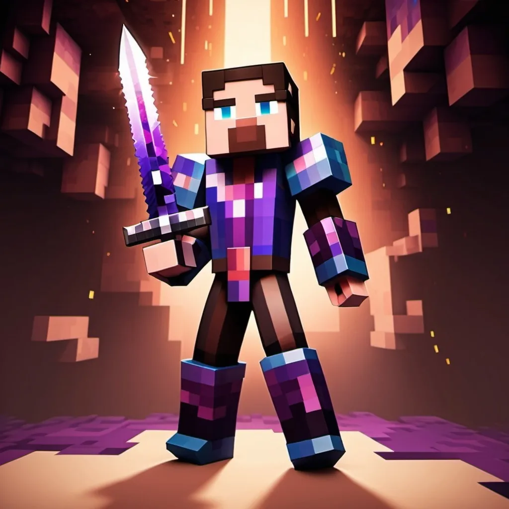 Prompt: Minecraft Nether dimension background with a male character in Netherite armor with a Minecraft-style pixelated sword in his hand