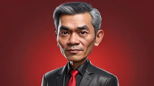 Prompt: 4d caricature of a 50 year old Indonesian man with black hair and gray hair on the sides, tall, slim, wearing a black jacket and red tie, wearing black trousers, black loafers, standing straight with his hands neat, eyes looking straight ahead, facial features, whole body, red gradient background