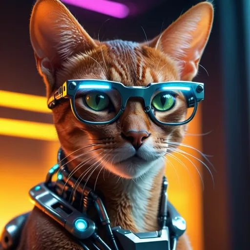 Prompt: Generate an Abyssinian cat with glasses in the style of terminator