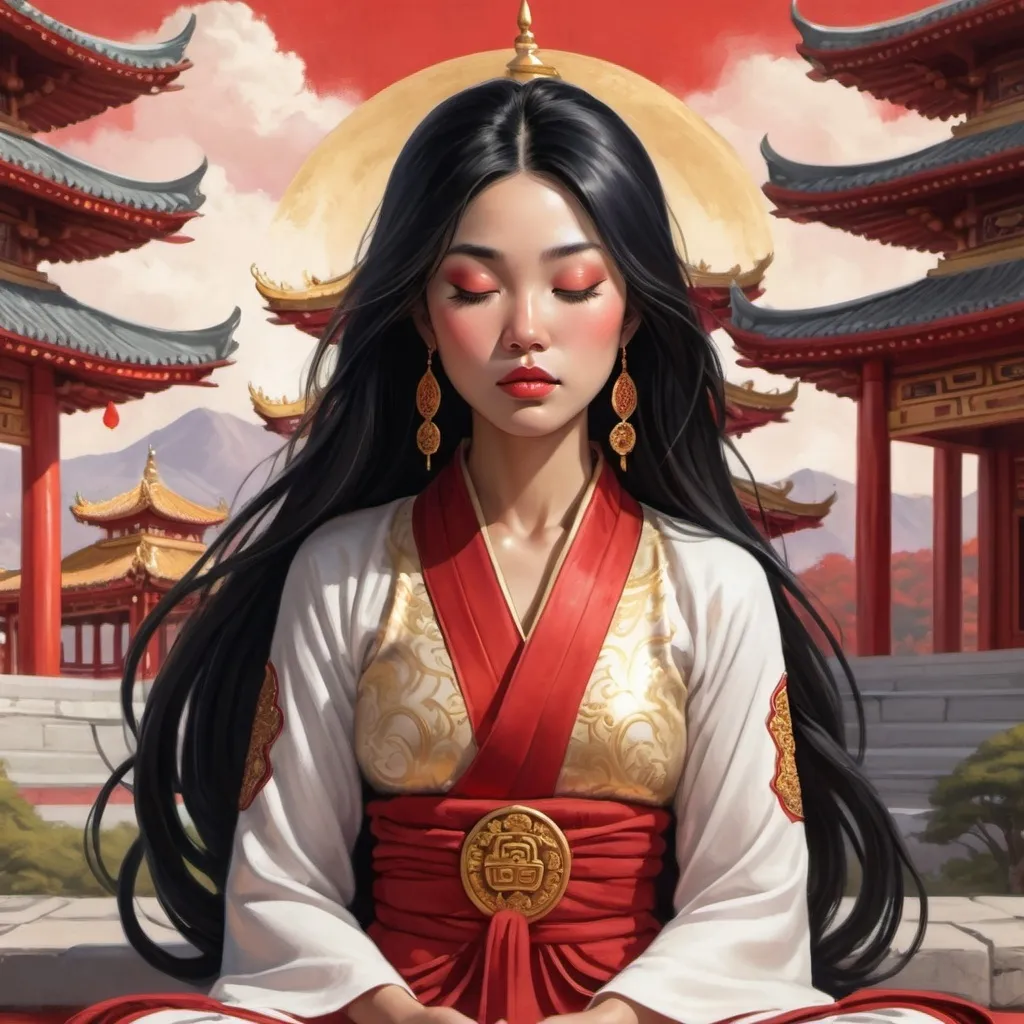 Prompt: a magical illustration of an asian princess with black beautiful hair sitting peacefully in mediation with eyes closed wearing white and red with a red and gold buddhist temple behind her in the distance. 