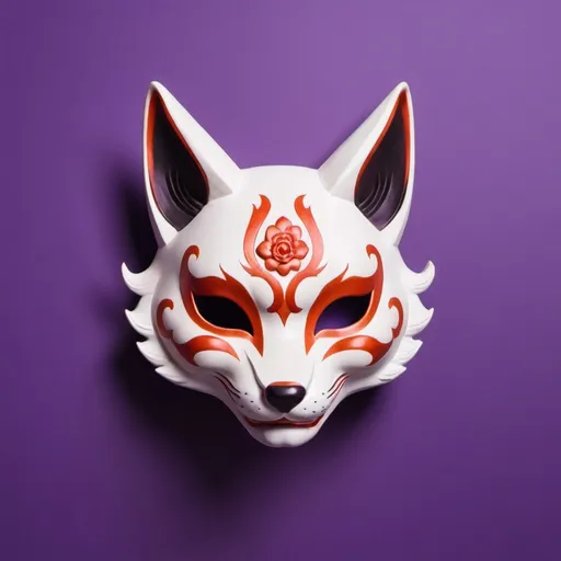 Prompt: A kitsune mask for profile picture. On a purple background. The mask is flying in the middle of the picture. Japanese features