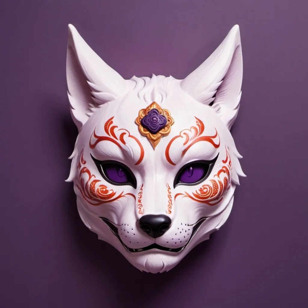 Prompt: A kitsune mask for profile picture. On a flat purple background. Not realistic but futuristic style. Add some Japanese details but stay sober. Black dark eyes