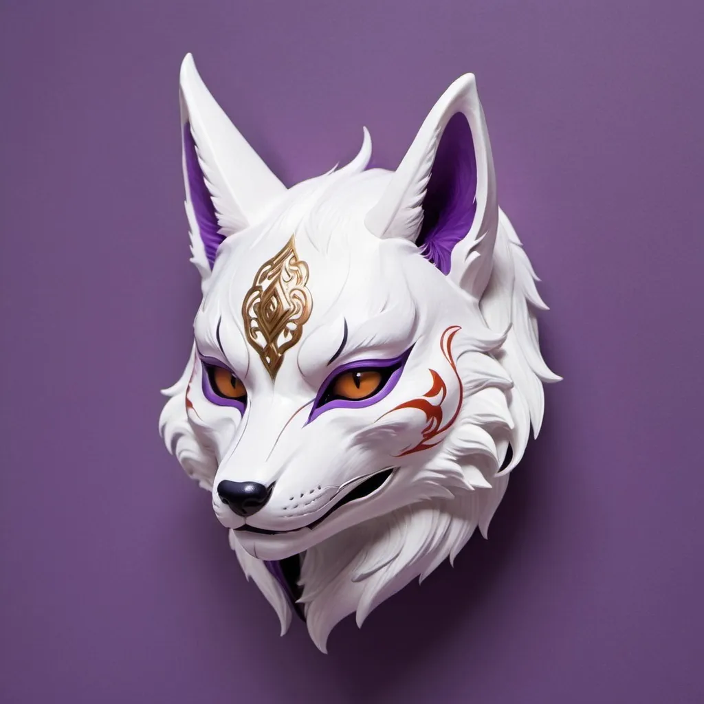 Prompt: A kitsune mask for profile picture. On a flat purple background. Not realistic but futuristic style. Add some Japanese details but stay sober