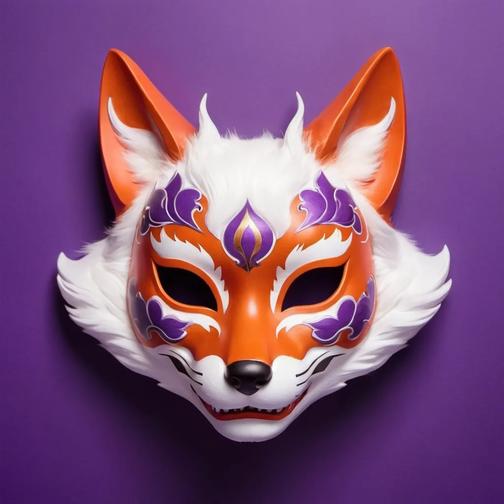 Prompt: A kitsune mask for profile picture. On a purple background. The mask is flying in the middle of the picture. Japanese features. Catching eyes. Longer fur. Legendary animal