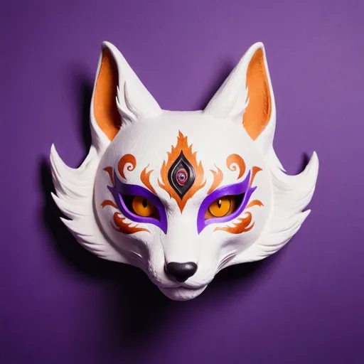 Prompt: A kitsune mask for profile picture. On a purple background. The mask is flying in the middle of the picture. Japanese features. Reptile eyes. Longer fur. Legendary animal