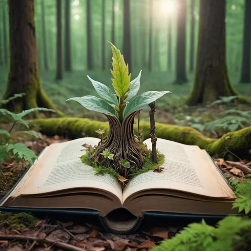 Prompt: Beautful plant grows out of a book in a forest.
A community of witches and wizards stand in the background

