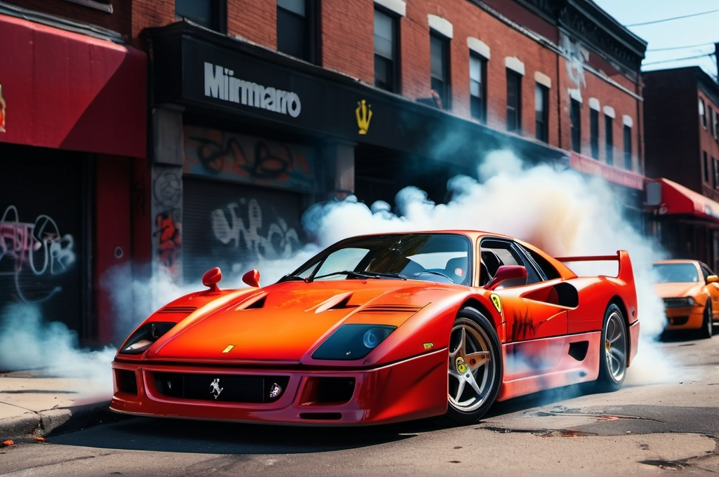 Prompt: a Ferrari F40 on fire in a Harlem street