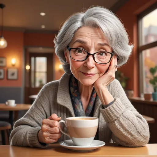 Prompt: a cartoon of (older woman), grey hair, looking mischievous, playful expression, sipping coffee, holding coffee cup with one hand, cozy setting, warm with soft lighting, inviting ambiance, stylish outfit, dynamic posture, whimsical feel, subtle patterns in background, high-quality rendering, vibrant colors, cheerful atmosphere, ultra-detailed illustration, focusing on charm and character.