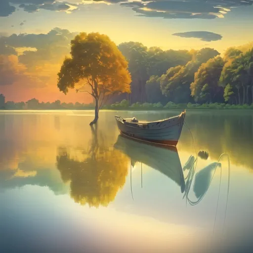 Prompt: boat on a tranquil lake, (serene reflection), soft ripples distorting the mirror-like water, surrounded by lush greenery, (sunset colors casting golden hues), warm lighting gradually descending, atmospheric ambiance of peace and tranquility, (highly detailed), realistic textures on the boat, gentle waves lapping the sides, (photorealistic, ultra-detailed)