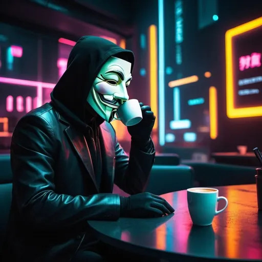 Prompt: (anonymous technical being), sipping coffee, night setting, (vibrant neon glow), futuristic ambiance, (mysterious atmosphere), intricate digital details, sharp lines and edges, urban landscape background, high contrast lighting, (cool tone), ultra-detailed, cinematic quality, evoking intrigue and curiosity.