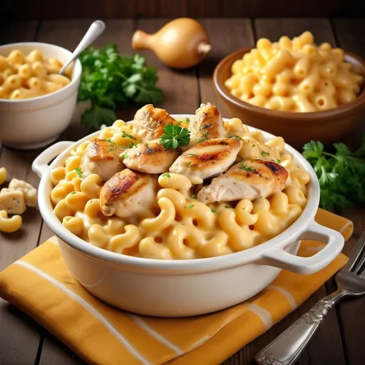 Prompt: Mac and cheese with chicken 