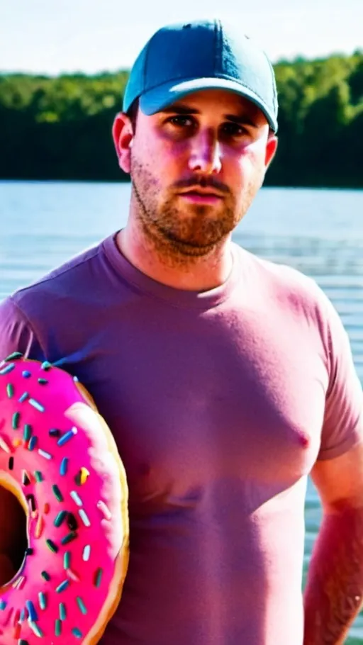 Prompt: A man standing by a lake that looks like a big pink donut with sprinkles