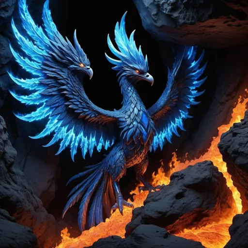 Prompt:  a blue fire phenix that has blue flames that is in a lava cave