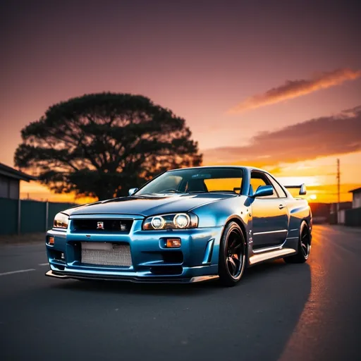 Prompt: retro style imagine a Nissan Skyline R34 car, front facing, sunset in the background, ,