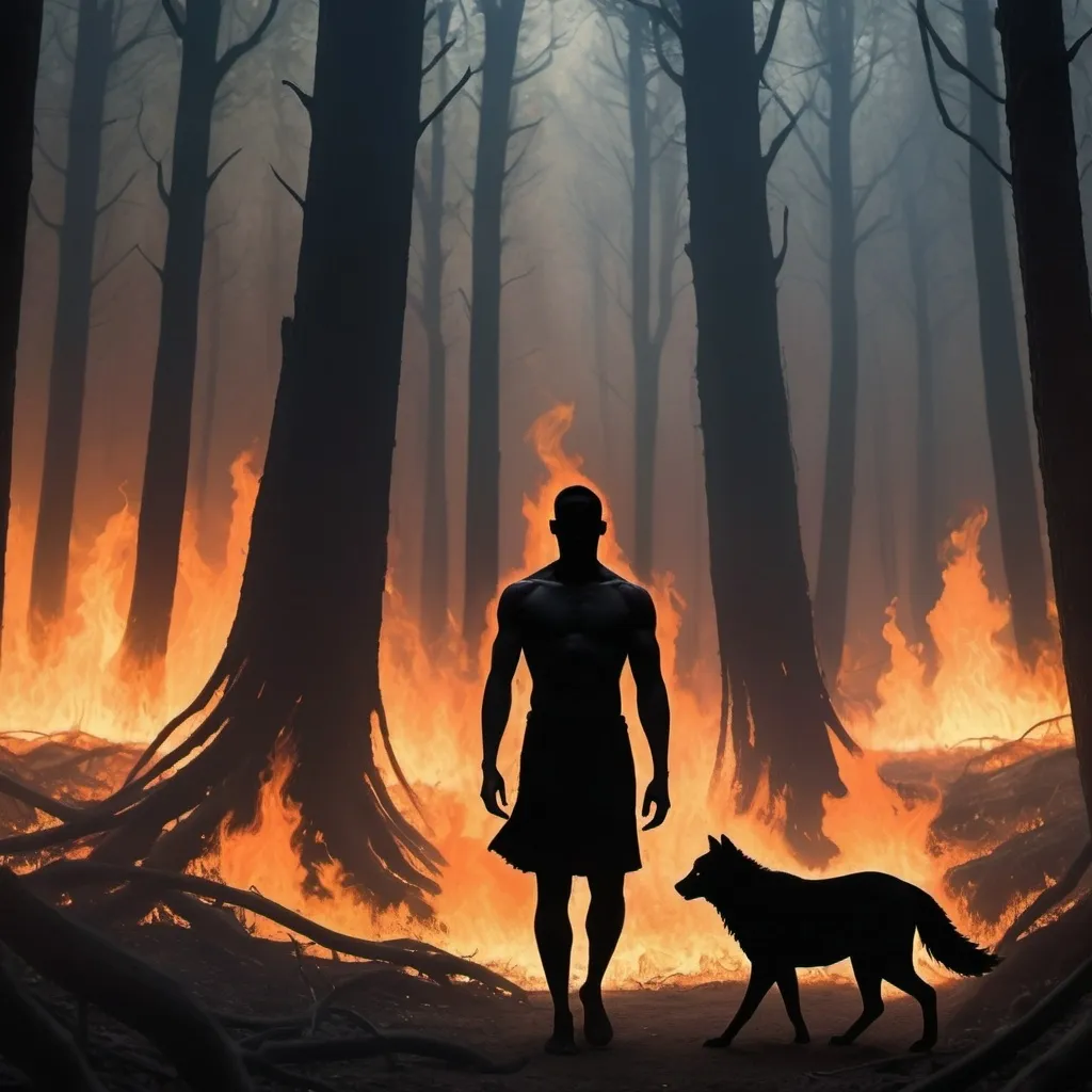 Prompt: imagine a fire in a huge forest, flames everywhere and animals running away, a black figure of a man in the background, accompanied by a dark aura