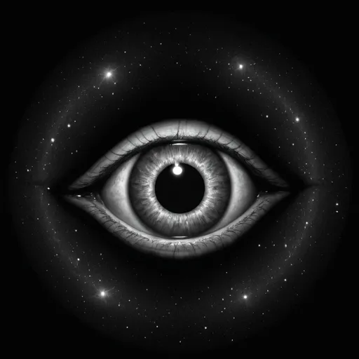 Prompt: You are an aperture through which the universe is looking at and exploring itself, Black out, none exsitance, void , exsitance disappeared into nothingness, nothing but 1 eye