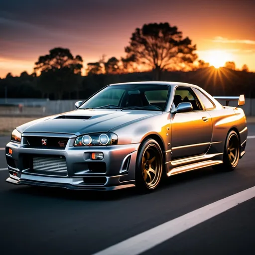 Prompt: imagine a Nissan Skyline R34 car, front facing, sunset in the background, retro style,