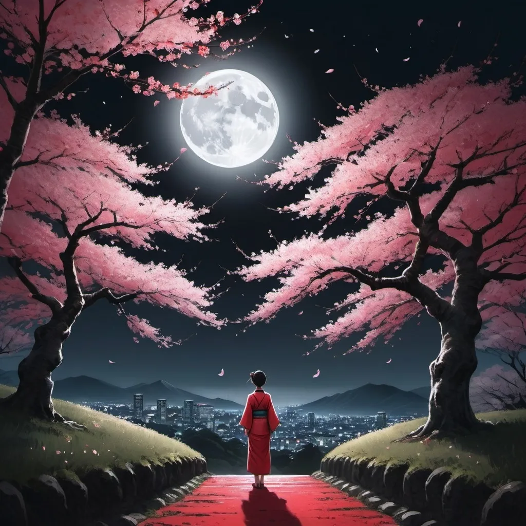 Prompt: A serene night in the Japanese countryside. A person is standing and looking up at a full moon. The moonlight shines on the person and illuminates the surrounding cherry blossom trees, which are in full bloom. Petals are gently falling, creating a peaceful scene with a red and black aesthetic