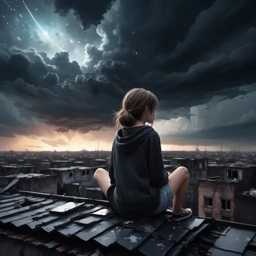 Prompt: Imagine a digital girl sitting on a roof looking at the stars.  in the background you can see destroyed buildings, the sky is filled with dark clouds,  The whole thing is accompanied by a dramatic atmosphere