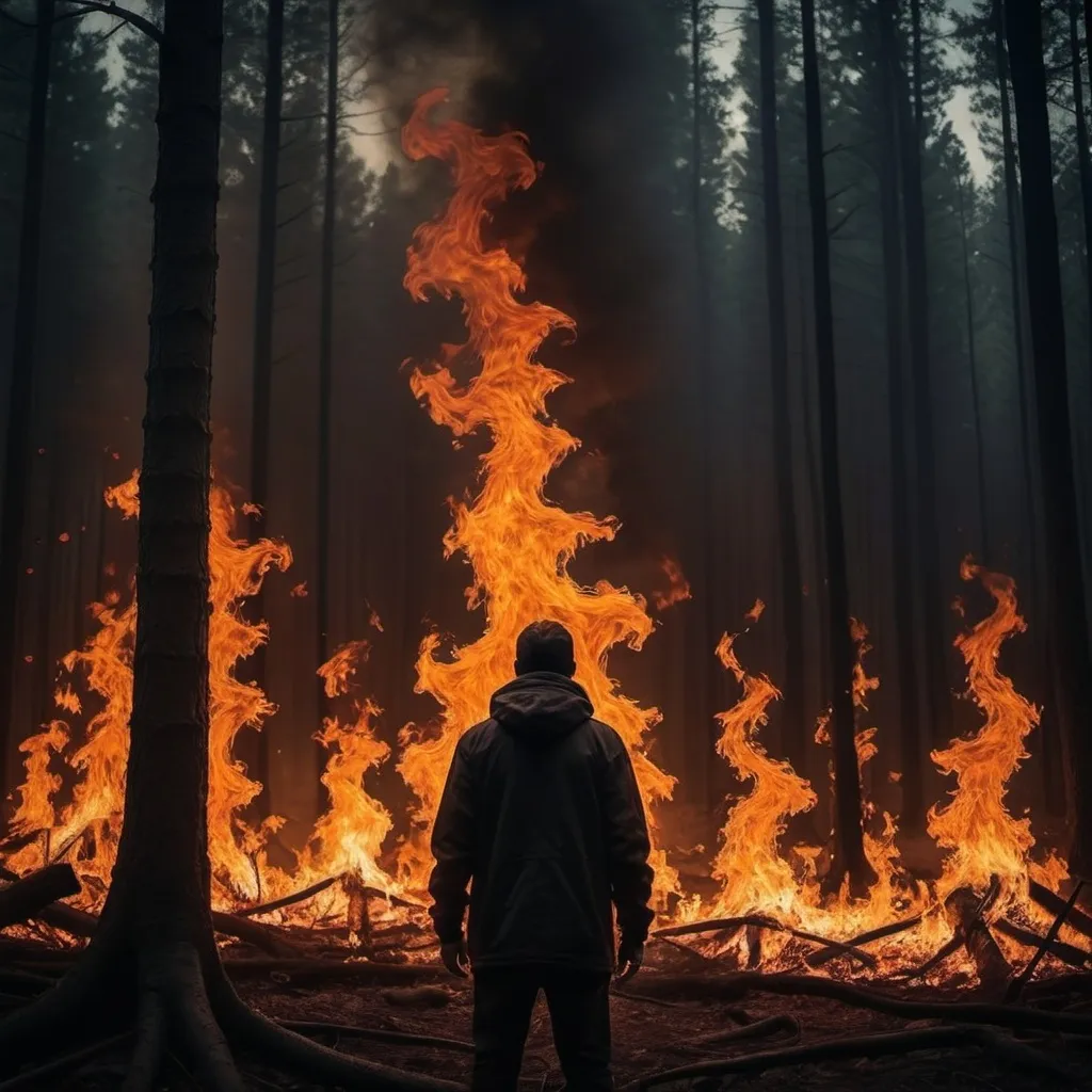 Prompt: imagine a fire in a huge forest, flames everywhere , person standing in flames in front of a forest, The overall mood of the image is dark and foreboding