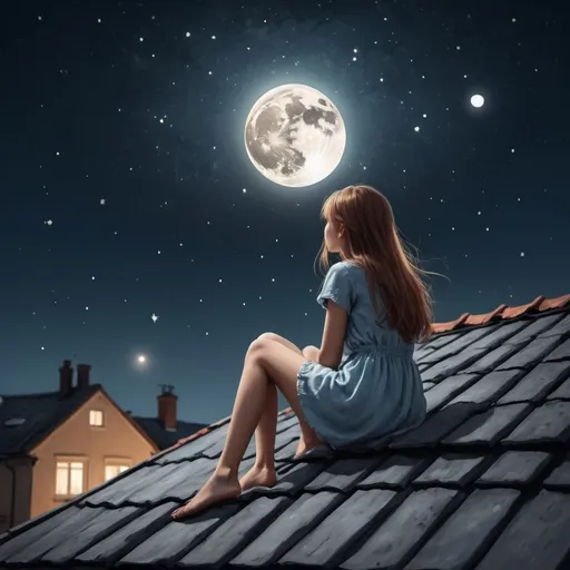 Prompt: Imagine a digital girl sitting on a roof looking at the stars. there is a fragment of the full moon in the sky. The whole thing is accompanied by a nostalgic atmosphere