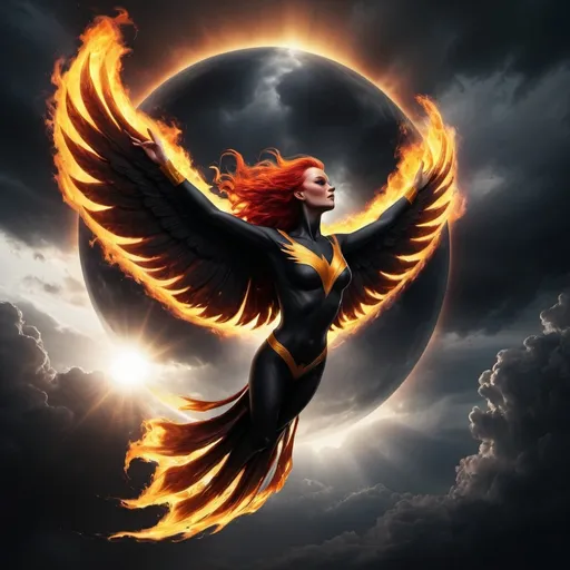 Prompt: Imagine a digital illustration of a dark phoenix flying towards a black sun. The sky is filled with dark clouds and the sun shines brightly, creating a dramatic and ominous atmosphere