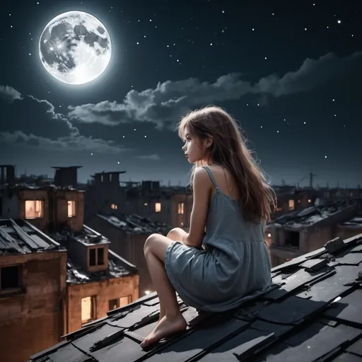 Prompt: Imagine a digital girl sitting on a roof looking at the stars. in the background you can see destroyed buildings and a fragment of the full moon in the sky. The whole thing is accompanied by a dramatic atmosphere