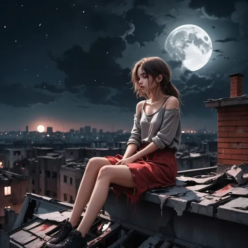 Prompt: Imagine a digital girl sitting on a rooftop in torn, bloody clothes, looking at the stars. in the background you can see destroyed buildings and a fragment of the full moon in the sky. The whole thing is accompanied by a dramatic atmosphere