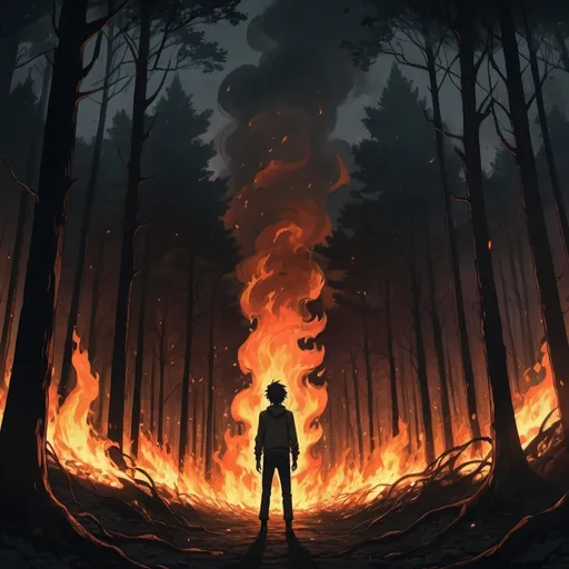 Prompt: imagine a fire in a huge forest, flames everywhere , person standing in flames in front of a forest, The overall mood of the image is dark and foreboding,  anime 