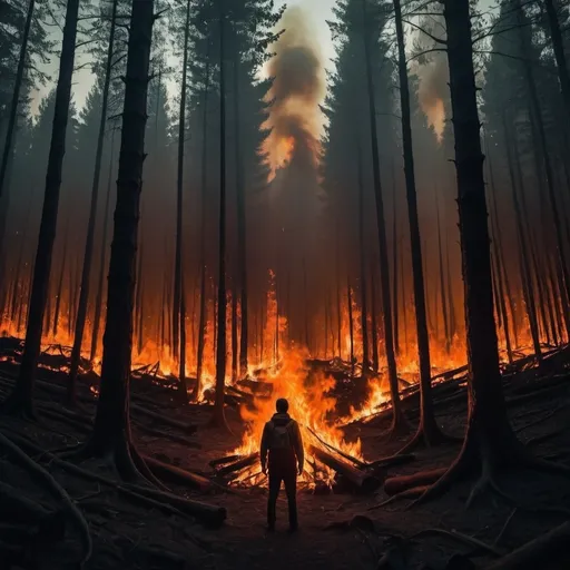 Prompt: imagine a fire in a huge forest, flames everywhere , person standing in front of a forest, The overall mood of the image is dark and foreboding