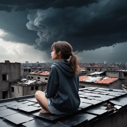 Prompt: Imagine a digital girl sitting on a roof looking at the sky.  in the background you can see destroyed buildings, the sky is filled with dark clouds. The whole thing is accompanied by a dramatic atmosphere