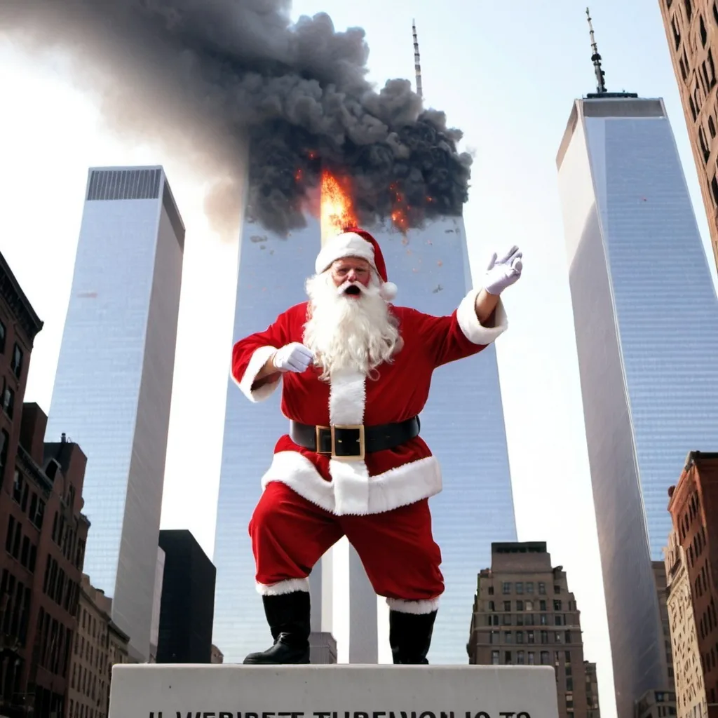 Prompt: 9/11 but with santa crashing into it instead of terrorist