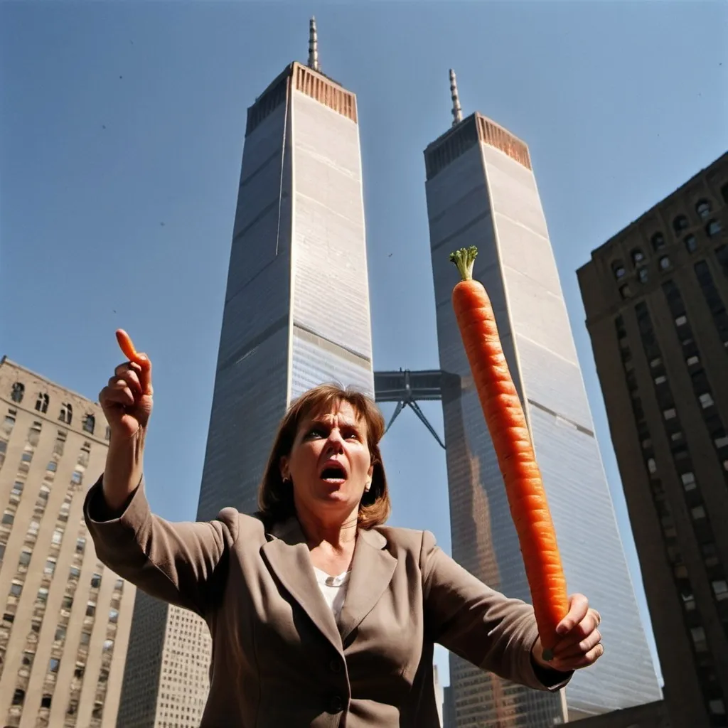 Prompt: a insane mom about to destroy the twin towers with a carrot 