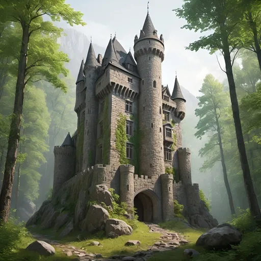 Prompt: glorious towering stone castle in the forest