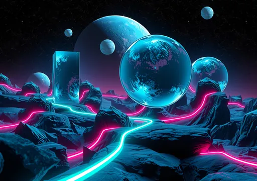 Prompt: floating geometrical shapes on an alien otherworldly landscape, the floating shapes are like mirrors reflecting the surroundings, the sky is pitch black full of stars and planets, colorful neon lines emerging from the ground rocks photorealistic, realism, extreme detail, high quality, volumetric lighting, 4K Hdr