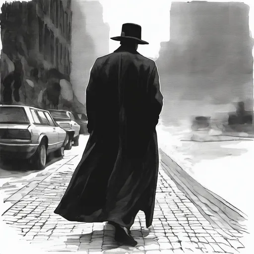 Prompt: a faceless man in a black suit and long overcoat with a hat 