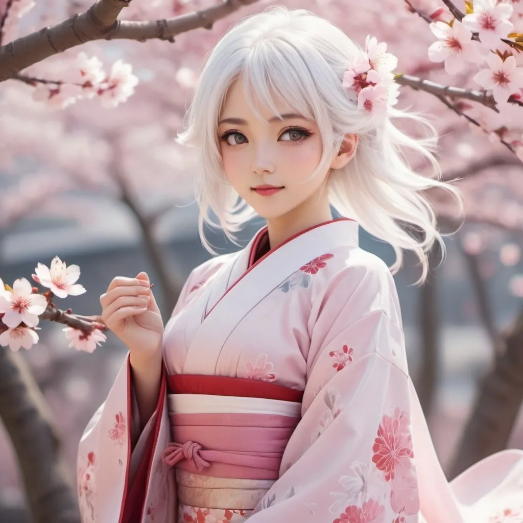 Prompt: anime girl with white hair and a japanese dress that is white and pink