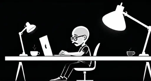 Prompt: This is a black and white, silhouette style sketch. A bald, bespectacled programmer with a goatee is sitting at a desk and working on his laptop. On the desk there are the following items: a steaming cup of coffee, a small pile of books of which the top one has a maple leaf on the cover, and a desk lamp.