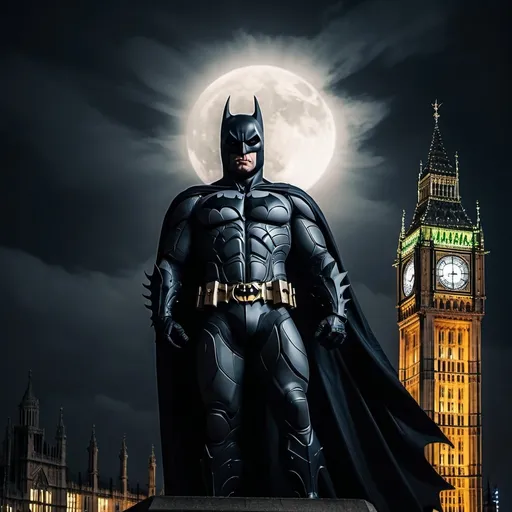 Prompt: Batman as Dark Knight standing on top of Big Ben in London at night with full moon very moody atmosphere