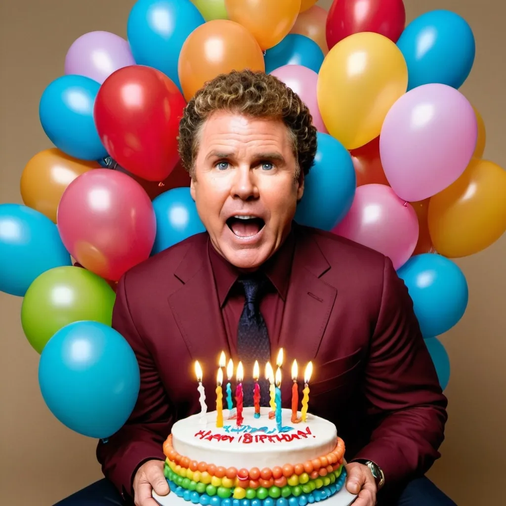 Prompt: Willl Ferrell surrounded by balloons holding a birthday cake. Message wrtten on the cake says HERMIONE