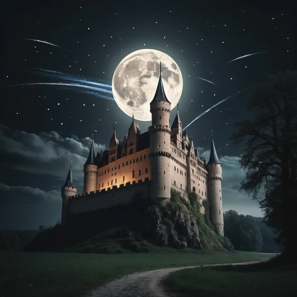 Prompt: Castle at night. Full moon and shooting stars. Moody atmosphere 